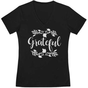 imageTstars Grateful Shirt Fall Top Cute Thanksgiving VNeck Fitted Women TShirtBlack