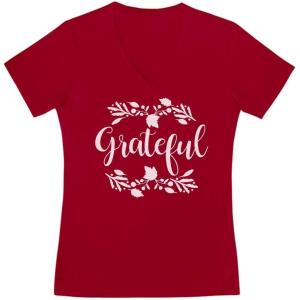 imageTstars Grateful Shirt Fall Top Cute Thanksgiving VNeck Fitted Women TShirtRed