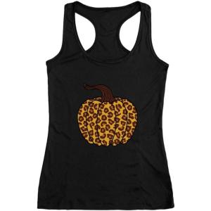 imageTstars Leopard Halloween Pumpkin Shirt Fall Top Thanksgiving Racerback Tank TopBlack