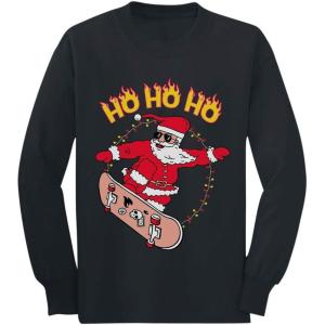 imageTstars Skater Santa Claus Ho Ho Ho Ollie Ugly Christmas Youth Kids Long Sleeve TShirtBlack