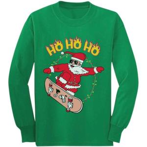 imageTstars Skater Santa Claus Ho Ho Ho Ollie Ugly Christmas Youth Kids Long Sleeve TShirtGreen