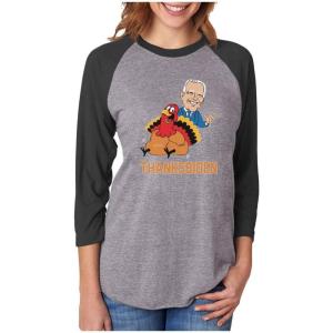 imageTstars Thanksgiving Turkey Funny Joe Biden 34 Women Sleeve Baseball Jersey ShirtBlackGray