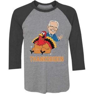 imageTstars Thanksgiving Turkey Funny Joe Biden Thanksbiden 34 Sleeve Baseball Jersey ShirtBlackGray