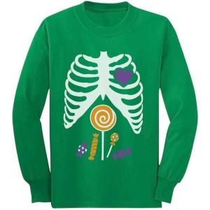 imageTstars Children Candy Ribcage XRay Skeleton Halloween Long Sleeve Kids TShirtGreen