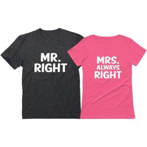 imageTstars Mr Right Mrs Always Right Husband ampamp Wife Funny Matching Couple TShirt SetMr Heather Dark Gray  Mrs Pink