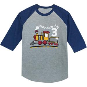 imageTstars 3rd Birthday 3 Year Old Boy Choo Train 34 Sleeve Baseball Jersey Toddler ShirtBlue