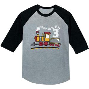 imageTstars 3rd Birthday 3 Year Old Boy Choo Train 34 Sleeve Baseball Jersey Toddler ShirtDark Gray