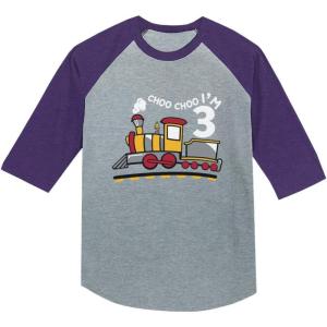 imageTstars 3rd Birthday 3 Year Old Boy Choo Train 34 Sleeve Baseball Jersey Toddler ShirtPurple