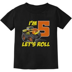 imageTstars Birthday Gift for 5 Year Old Boy Truck 5th Birthday Boys Toddler Kids TShirtBlack