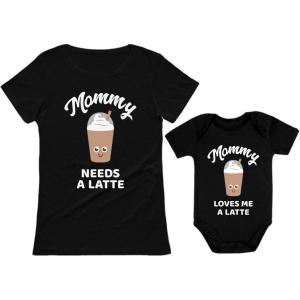 imageTstars Mommy Needs a Latte Mom and Infant Matching Shirts  Funny Coffee Gift  Mothers Day Mother Baby OutfitWomens Black  Baby Black