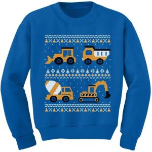 imageTstars Construction Trucks Ugly Christmas Sweater Style Tractors Bulldozers Xmas Kids SweatshirtConstruction  Blue