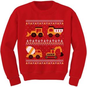 imageTstars Construction Trucks Ugly Christmas Sweater Style Tractors Bulldozers Xmas Kids SweatshirtConstruction  Red
