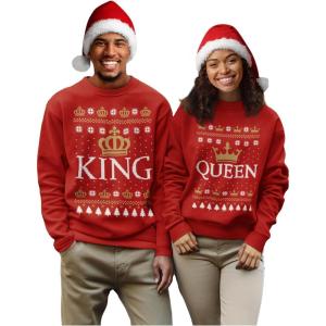 imageTstars His and Hers Matching King Queen Ugly Christmas Sweatshirts for Couples Men Women Holiday OutfitQueen Red  King Red