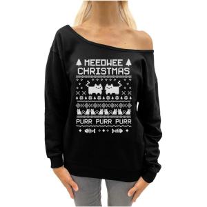 imageTstars Meeowee Christmas Ugly Sweater  Cute Xmas Party Off Shoulder SweatshirtBlack