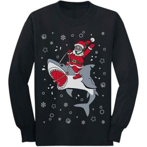 imageTstars Santa Riding a Shark Ugly Christmas Holiday ToddlerKids Long Sleeve TShirtBlack