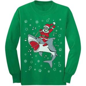 imageTstars Santa Riding a Shark Ugly Christmas Holiday ToddlerKids Long Sleeve TShirtGreen