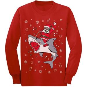 imageTstars Santa Riding a Shark Ugly Christmas Holiday ToddlerKids Long Sleeve TShirtRed
