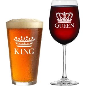 imageKing Beer Queen Wine Glass Set of 2  Gift for Couples  Valentines Day Gift Anniversary Gift Newlyweds Gifts Husband and Wife His and Hers Mr and Mrs Beer Mug  Vino Glass Housewarming Set