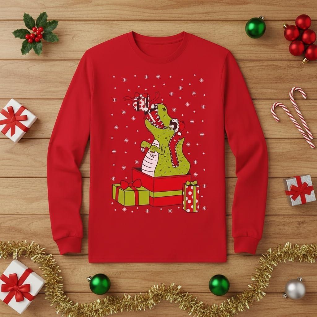 imageTstars Kids Tree Rex Christmas Shirt Funny Ugly Sweater Style Holiday Dino Long Sleeve Tee for ToddlersGift  Red