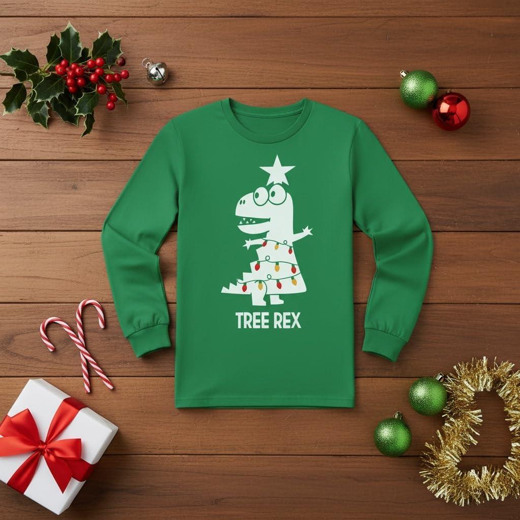 imageTstars Kids Tree Rex Christmas Shirt Funny Ugly Sweater Style Holiday Dino Long Sleeve Tee for ToddlersTrex Tree  Green