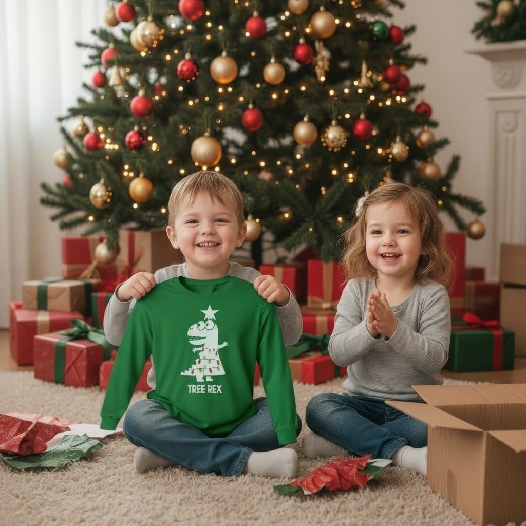 imageTstars Kids Tree Rex Christmas Shirt Funny Ugly Sweater Style Holiday Dino Long Sleeve Tee for ToddlersTrex Tree  Green