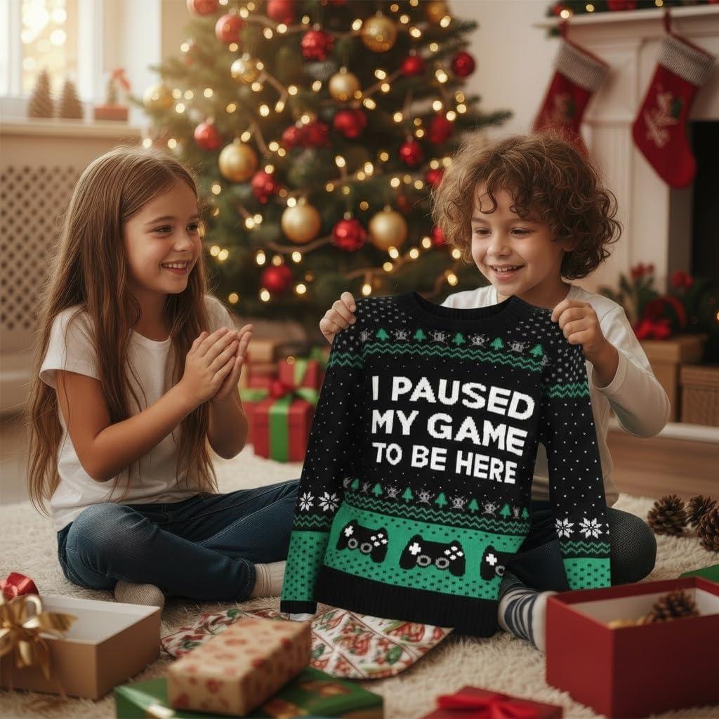 imageTstars Kids Ugly Christmas Sweater  Dino Gamer Merry Swishmas  Funny Holiday Top for Boys ampamp Girls Ugly Xmas Party GiftPaused  Multicolor