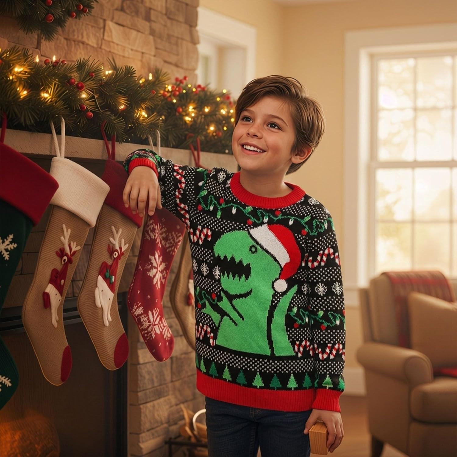 imageTstars Kids Ugly Christmas Sweater  Dino Gamer Merry Swishmas  Funny Holiday Top for Boys ampamp Girls Ugly Xmas Party GiftTrex  Multicolor