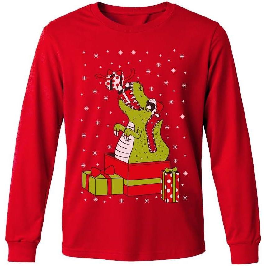 imageTstars Kids Tree Rex Christmas Shirt Funny Ugly Sweater Style Holiday Dino Long Sleeve Tee for ToddlersGift  Red