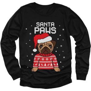 imageTstars Santa Paws Pug Ugly Christmas Sweater Kids Shirt Dog Long Sleeve TShirtBlack
