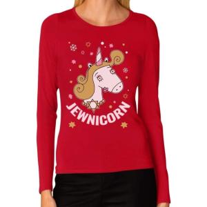 imageTstars Happy Holidays Jewnicorn Funny Ugly Christmas Hanukkah Women Long Sleeve TShirtRed