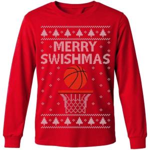 imageTstars Merry Swishmas Boys Basketball Shirt  Funny Ugly Christmas Sweater Style Youth Long Sleeve Holiday TeeSwishmas  Red