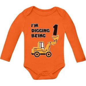 imageTstars Im Digging Being 1 Bodysuit  1st Birthday Construction Truck Long Sleeve Outfit for Baby Boys ampamp GirlsOrange