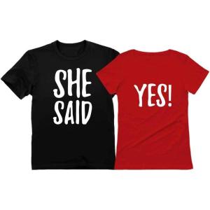 imageTstars She Said Yes   Engagement Wedding Matching Valentines Day TShirt for CouplesMen Black  Women Red