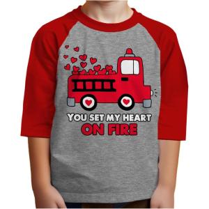 imageTstars Truck with Hearts Loads of Love Boys Valentines Day Shirt Dabbing Heart Toddler Kids Raglan 34 Sleeve TShirtFire Truck  Red