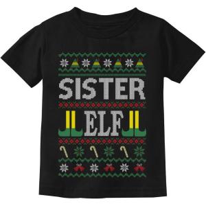 imageTstars Sister Elf Ugly Christmas Sweater Girls Xmas Family Youth Kids TShirtBlack