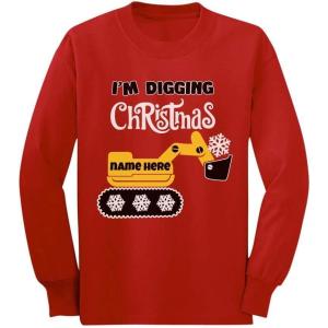 image:imageTstars Im Digging Christmas Personalized Boys Tractor Toddler Kids Long Sleeve TShirtRed