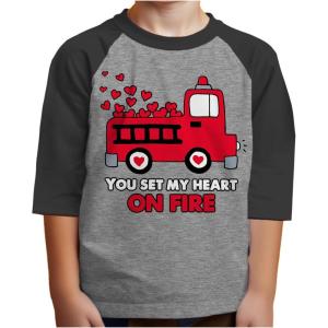 image:imageTstars Boys Valentines Day Shirt  Truck Loads of Love Dabbing Heart  Toddler Kids Raglan 34 Sleeve TShirtFire Truck  Dark Gray