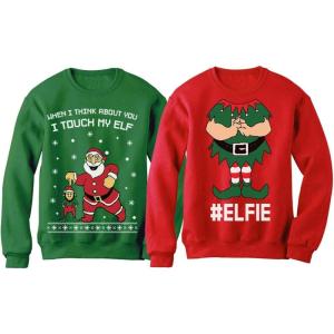 image:imageTstars Elf Matching Couples Sweatshirt  His and Hers Ugly Christmas Holiday Sweatshirts for Men WomenTouch My Elf Green  Elfie Red