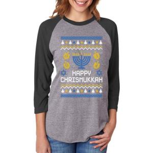 image:imageTstars Happy Chrismukkah Ugly Xmas Hanukkah 34 Women Sleeve Baseball Jersey ShirtBlackGray