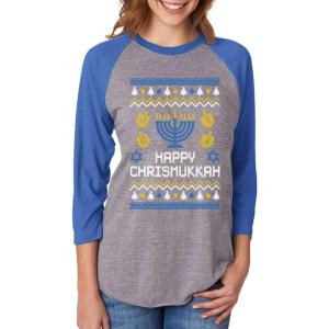 image:imageTstars Happy Chrismukkah Ugly Xmas Hanukkah 34 Women Sleeve Baseball Jersey ShirtBlueGray