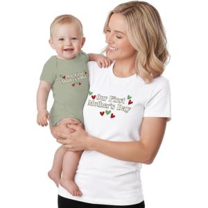 image:imageTstars Our First Mothers Day Mom and Baby Matching Shirts  Mommy and Me Outfit Gift for New Moms and InfantFirst  White Mom  Sage Baby