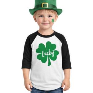 image:imageTstars St Patricks Day Toddler Raglan Shirt  Dump Truck Construction Shamrock 34 Sleeve Kids TeeLucky  BlackWhite