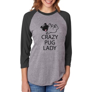 image:imageTstars Crazy Pug Lady Gift for Dog Lover Funny 34 Women Sleeve Baseball Jersey ShirtBlackGray